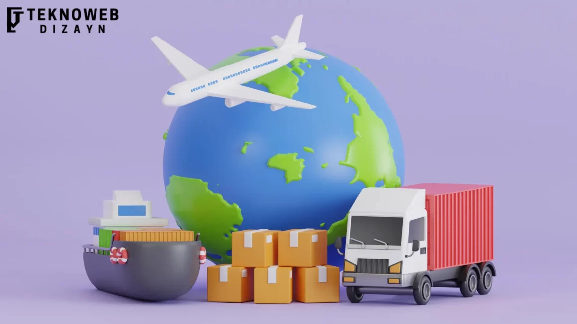 Illustration of international shipment release, showing a globe with an airplane, cargo ship, stacked boxes, and a container truck, symbolizing global logistics and multiple transport modes like air, sea, and road freight for efficient international shipping.