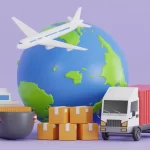 Illustration of international shipment release, showing a globe with an airplane, cargo ship, stacked boxes, and a container truck, symbolizing global logistics and multiple transport modes like air, sea, and road freight for efficient international shipping.