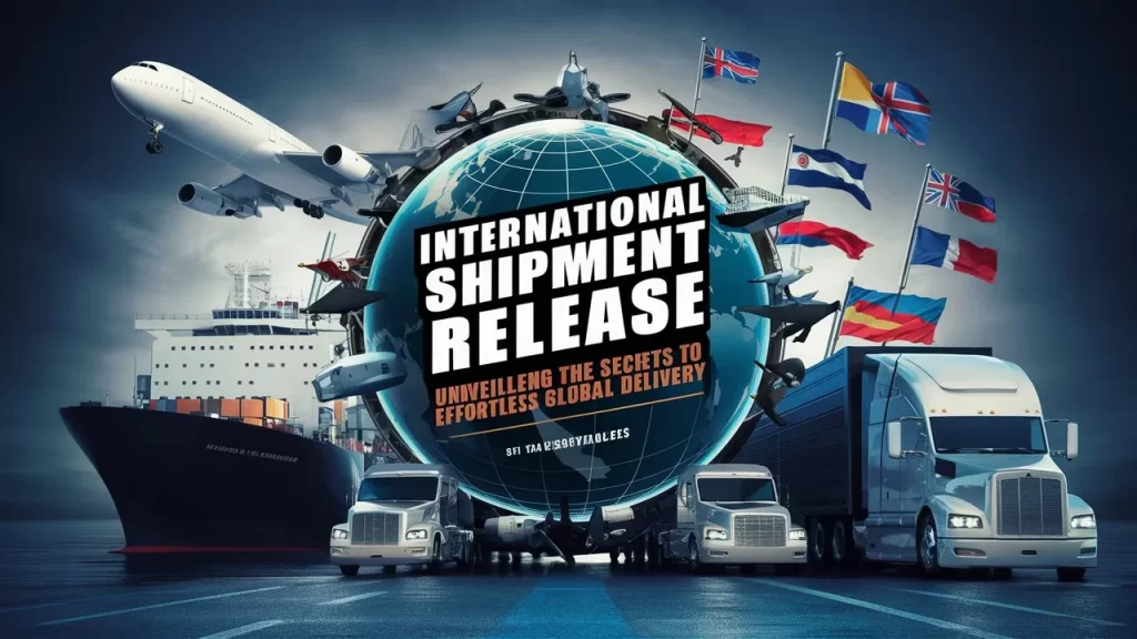 International Shipment Release" poster showcasing a globe surrounded by air, sea, and land transport vehicles, with flags representing global reach, emphasizing efficient international delivery and logistics.