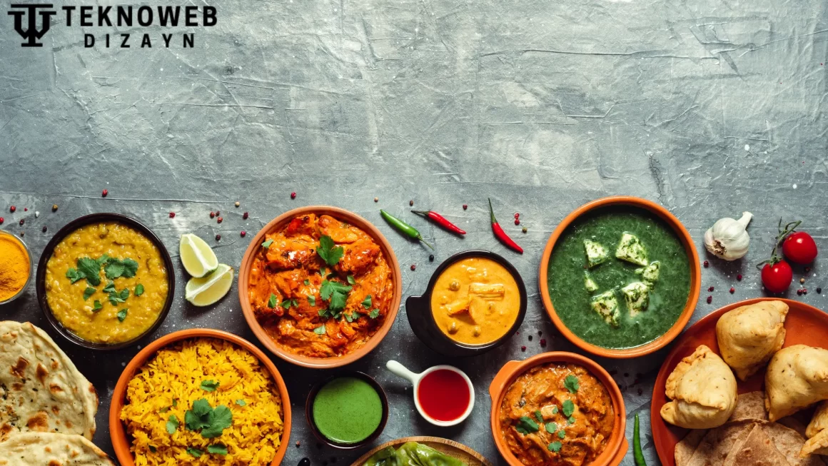 Congolese Cuisine Food spread with colorful dishes, including stews, curries, rice, naan, and sauces, garnished with herbs and spices on a rustic gray background.