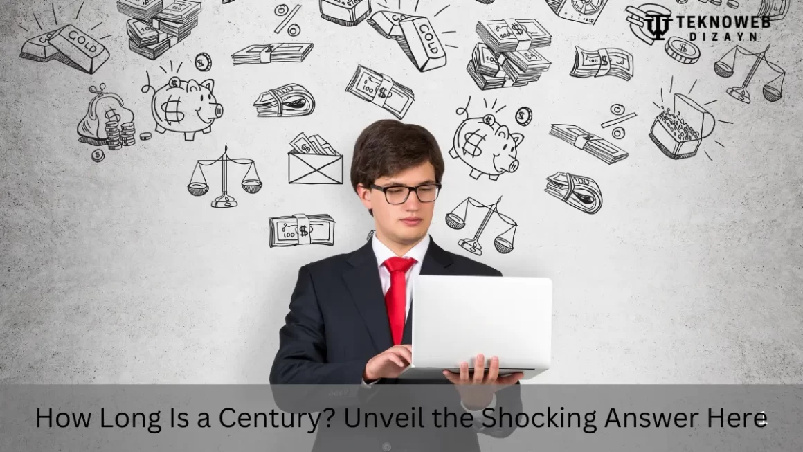 A man in a suit holding a laptop with financial and time-related icons drawn behind him, accompanied by the text 'How Long Is a Century? Unveil the Shocking Answer Here,' focusing on understanding the length and significance of a century.