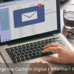 A person using a laptop with a notification icon on the screen, asking 'Can you change cache in Digital Performer? Find Out Now!' The image highlights a potential concern about cache management in the Digital Performer software.