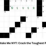 A crossword puzzle grid titled You Can't Make Me NYT: Crack the Toughest Puzzle Yet with several black squares and one highlighted word NEVER written horizontally in green letters across the grid.