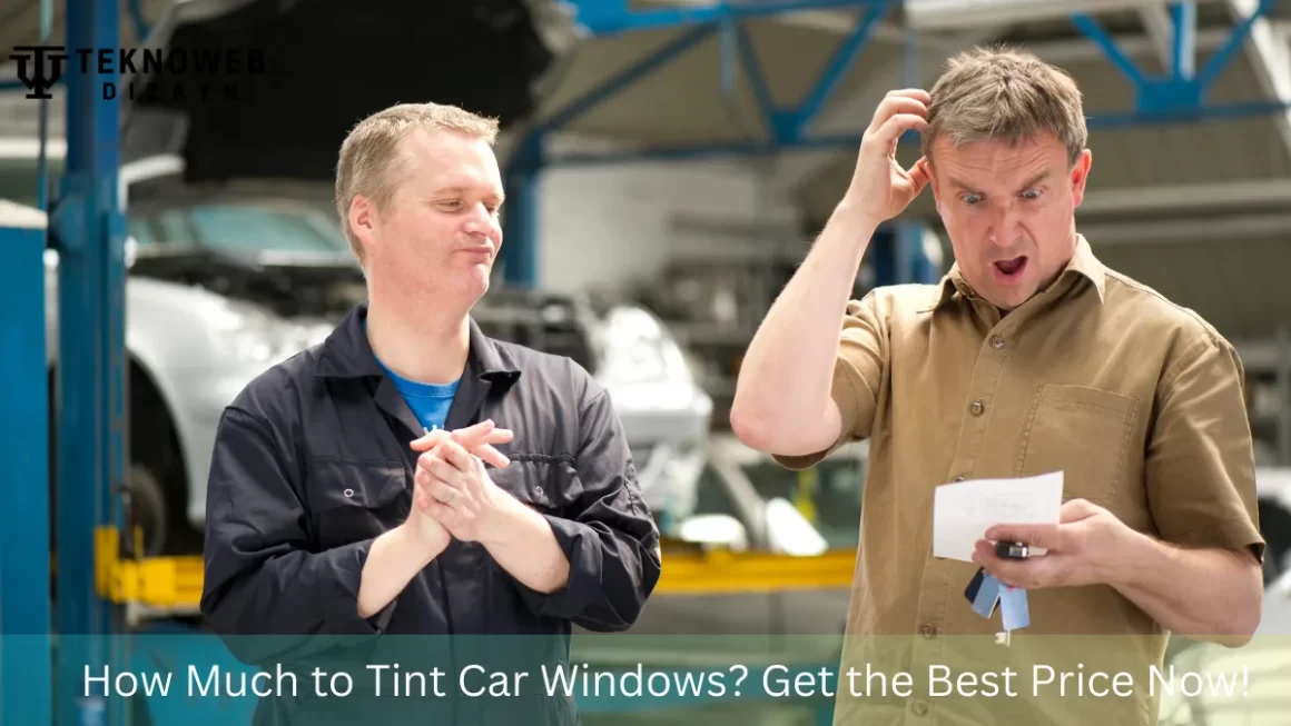 A confused customer holding a receipt while a mechanic stands nearby, both in an auto shop environment. The scene highlights the cost consideration for services like window tinting. Text overlay reads 'How Much to Tint Car Windows? Get the Best Price Now!