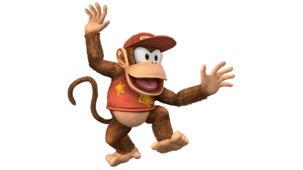 Brawl Diddy Kong Popgun Code character posing mid-air with hands raised, wearing a red cap and star-marked vest, showing excitement and movement.