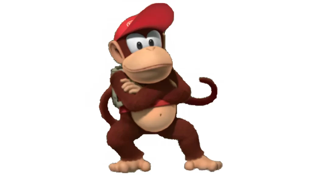 Brawl Diddy Kong Popgun Code character crossing arms confidently, with a backpack and iconic red cap, striking a determined stance.