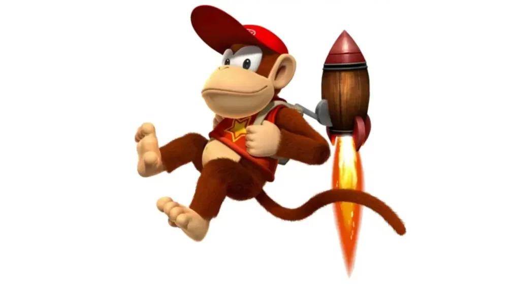 Brawl Diddy Kong Popgun Code character flying with a jetpack, wearing a red vest with a star emblem, showing action and excitement