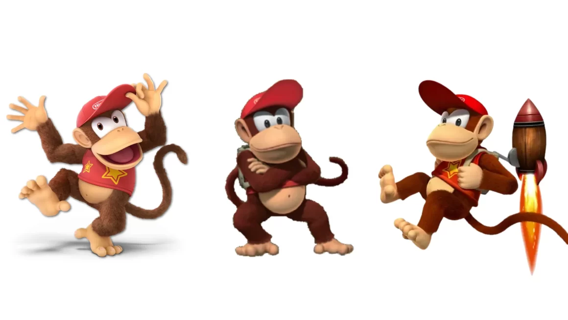 Brawl Diddy Kong Popgun Code character trio featuring energetic poses: playful jumping, confident stance, and jetpack flight.