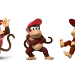 Brawl Diddy Kong Popgun Code character trio featuring energetic poses: playful jumping, confident stance, and jetpack flight.