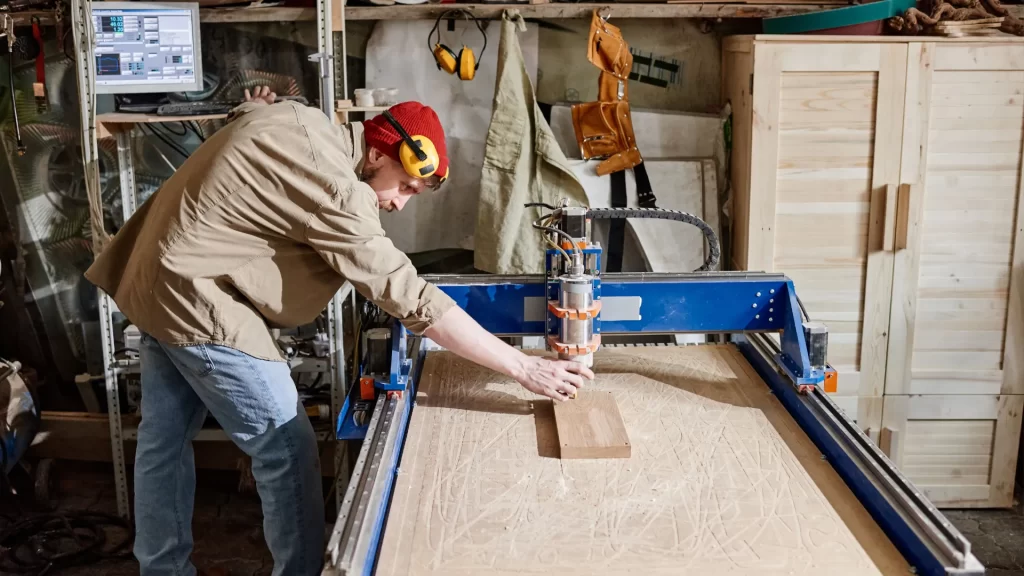 A craftsman operating a CNC Wood Carving machine in a woodworking shop.