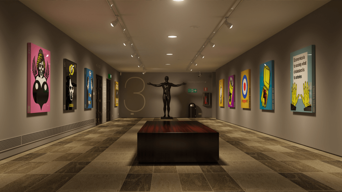 A futuristic art gallery with digital prints and a modern ambiance, reflecting the advancements of E-Galleries in Art.