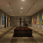 A futuristic art gallery with digital prints and a modern ambiance, reflecting the advancements of E-Galleries in Art.