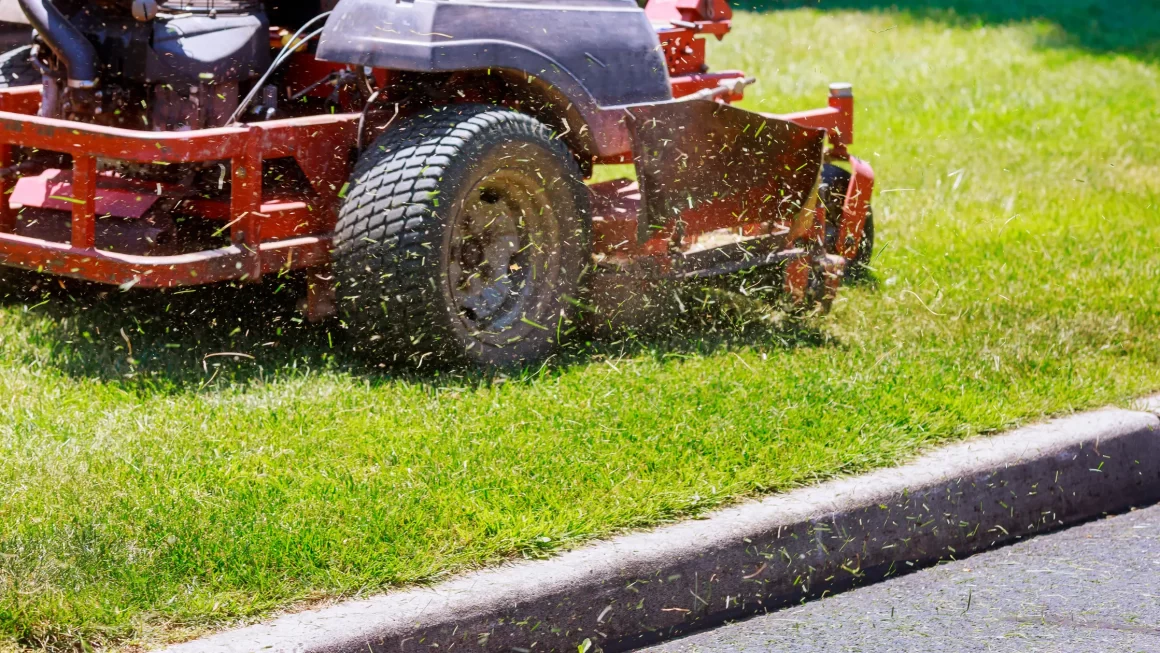 A worker using a green lawn mower to maintain a beautiful garden with shrubs and colorful plants.