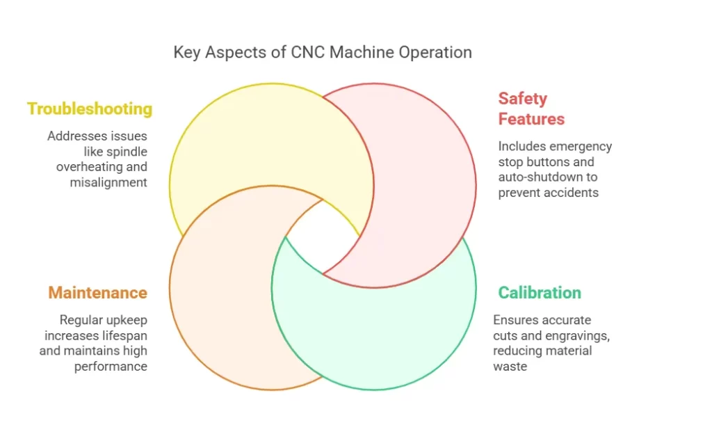 Venn diagram illustrating key aspects of CNC Wood Carving machine operation, including safety, troubleshooting, maintenance, and calibration.