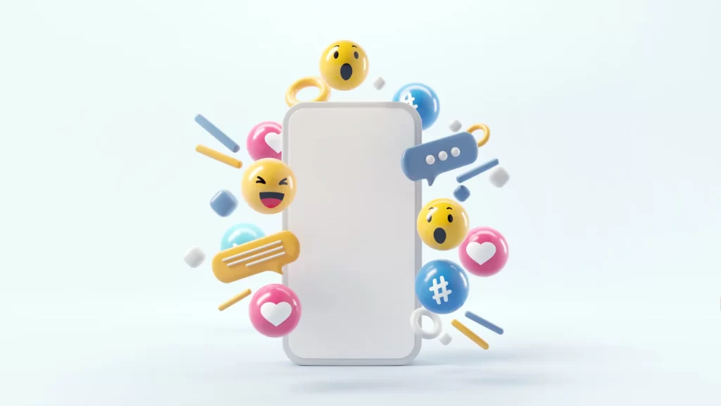 Phone surrounded by emojis and hashtags, representing interaction and creativity on Social Media for Artists.