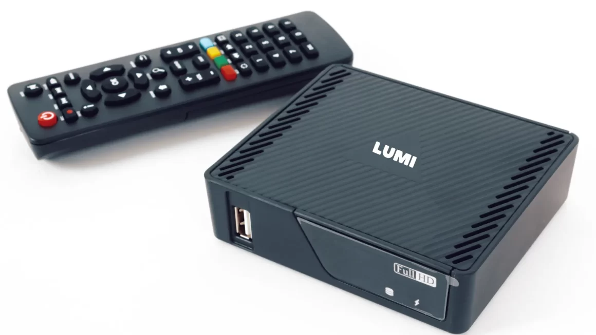 Lumi TV Professional Android Signage device with remote control, showcasing its compact design and Full HD capability.