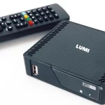 Lumi TV Professional Android Signage device with remote control, showcasing its compact design and Full HD capability.