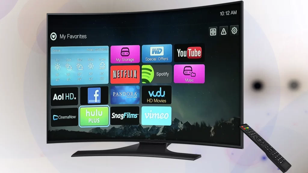 Smart TV interface connected to Lumi TV Professional Android Signage, featuring apps like Netflix, Hulu, and YouTube on a high-resolution screen.