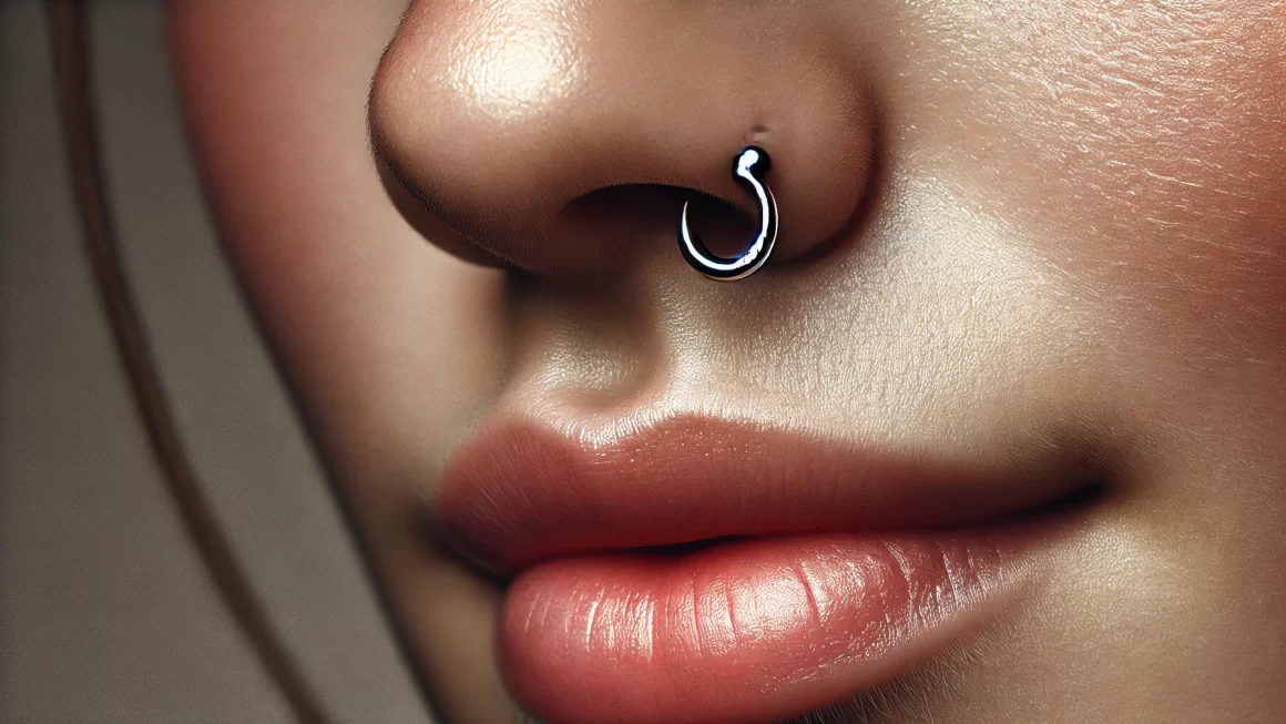 Why Do My Nose Rings Smell? Close-up of a nose ring that has been cleaned but still shows subtle signs of irritation or buildup, symbolizing the reasons behind lingering odors.