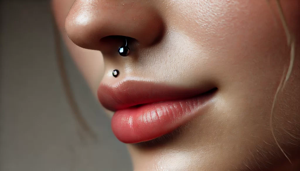 Close-up of a nose ring with clean skin, showing signs of ongoing irritation or buildup despite proper care, symbolizing why a nose ring might still smell.